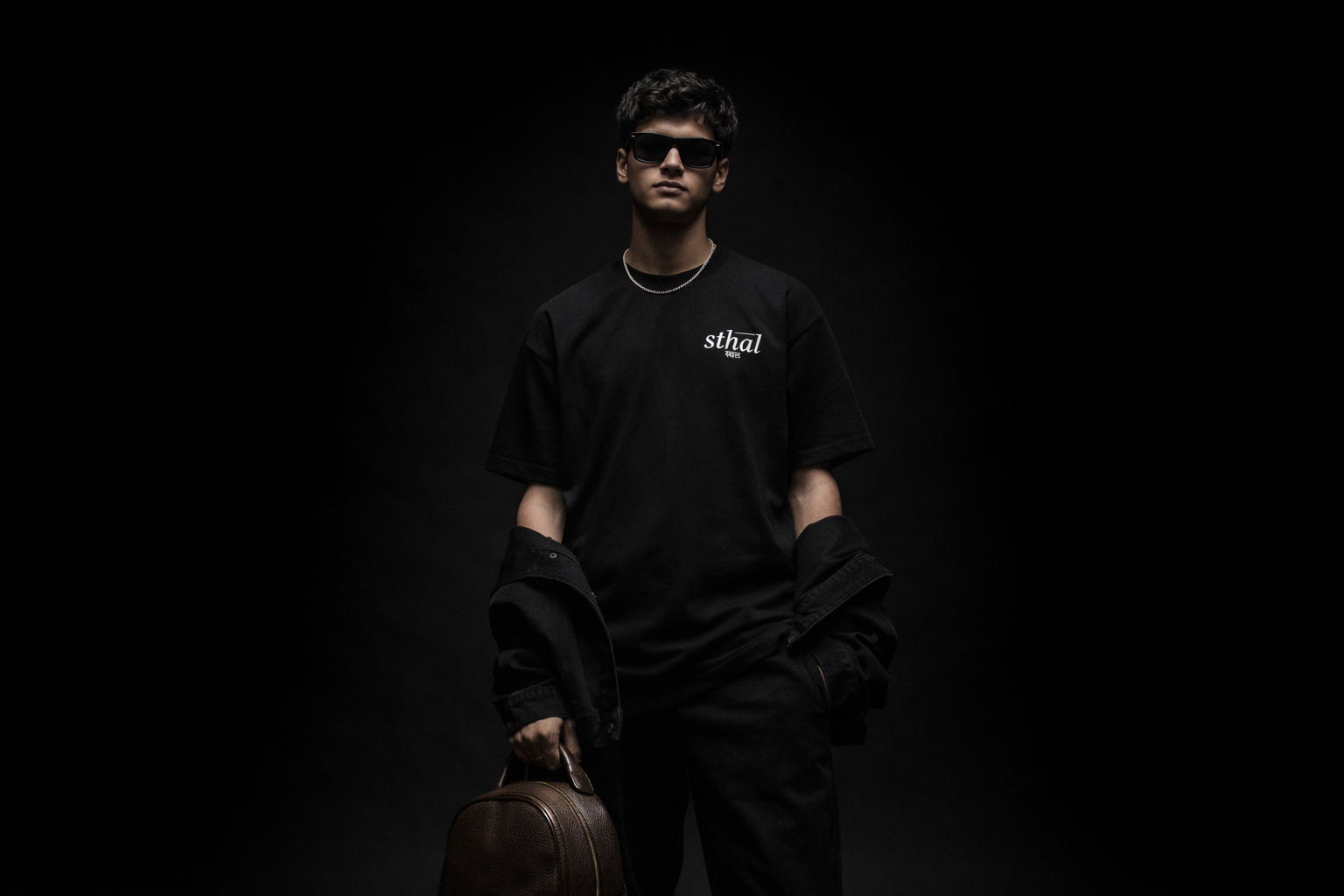 Person wearing a black t-shirt with a logo, holding a suitcase against a dark background